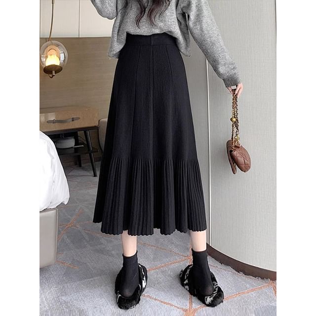 High Waist Plain Midi A-Line Knit Skirt SpreePicky