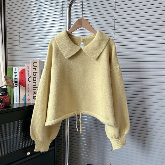 Puff-Sleeve Plain Collared Sweater SpreePicky