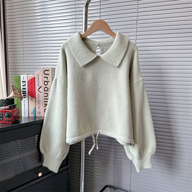 Puff-Sleeve Plain Collared Sweater SpreePicky