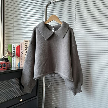 Puff-Sleeve Plain Collared Sweater SpreePicky