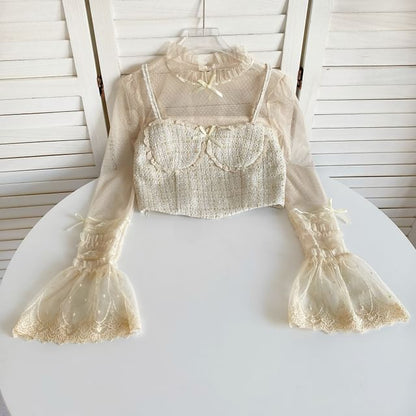 Long-Sleeve Stand Collar Mock Two-Piece Tweed Panel Bow Accent Lace Trim Mesh Crop Blouse mySite