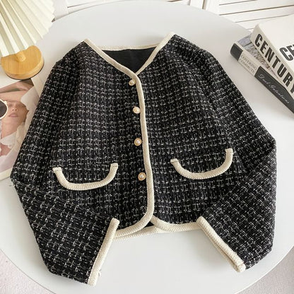 V-Neck Tweed Faux Pearl Buttoned Crop Jacket mySite