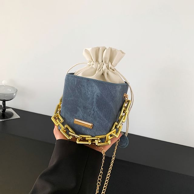 Chain Strap Drawstring Faux Leather Bucket Bag SpreePicky