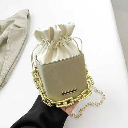 Chain Strap Drawstring Faux Leather Bucket Bag SpreePicky