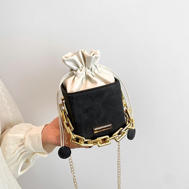 Chain Strap Drawstring Faux Leather Bucket Bag SpreePicky