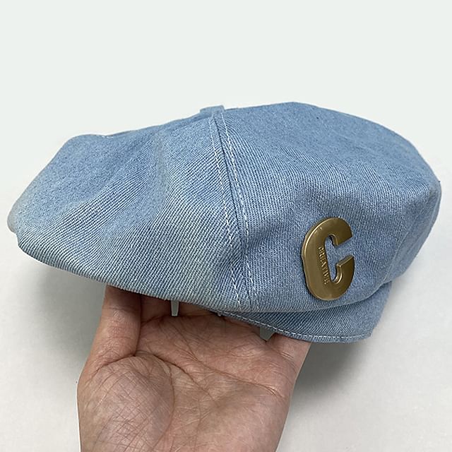 Metal Accent Washed Denim Beret SpreePicky