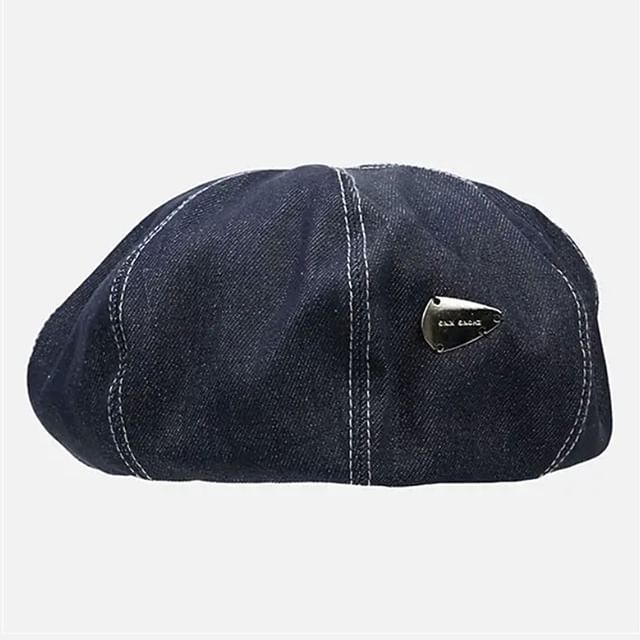 Metal Accent Washed Denim Beret SpreePicky