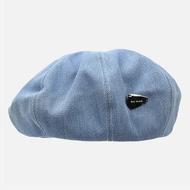 Metal Accent Washed Denim Beret SpreePicky