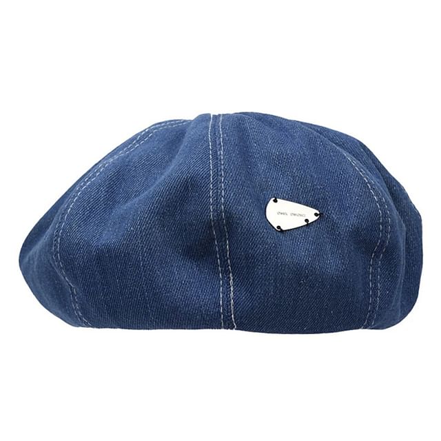 Metal Accent Washed Denim Beret SpreePicky