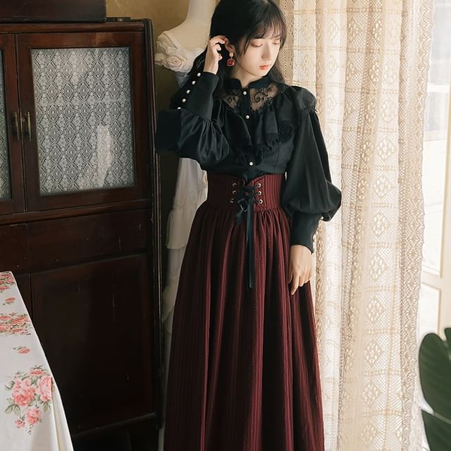 Band Collar Plain Lace Panel Blouse / High Waist Midi A-Line Skirt / Set SpreePicky