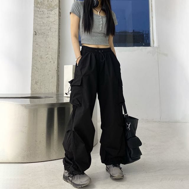 Plain Cargo Waist Wide Pants Drawstring Leg FashionChic