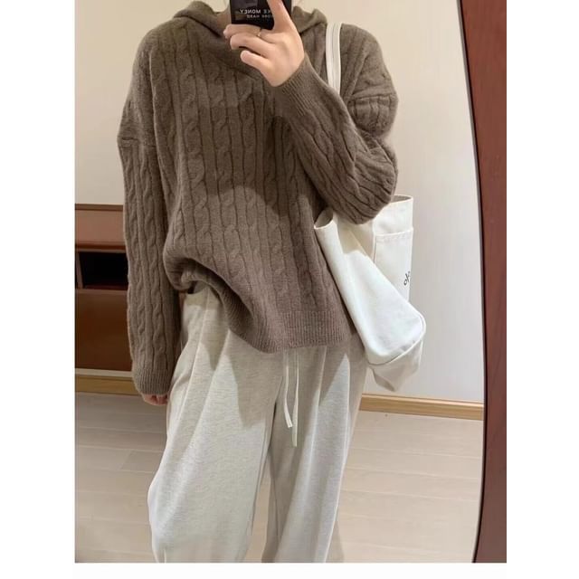 Hooded Plain Cable Knit Sweater SpreePicky