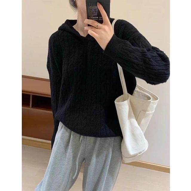 Hooded Plain Cable Knit Sweater SpreePicky