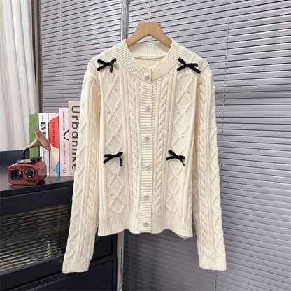 Bow Accent Faux Pearl Cardigan SpreePicky