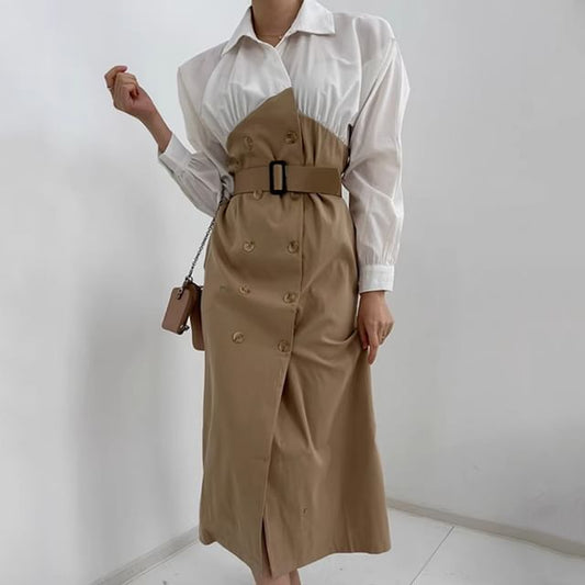 Long-Sleeve Collared  Two Tone Double-Breasted Midi Shirt Dress SpreePicky