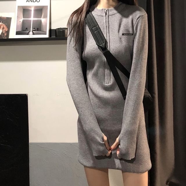 Long-Sleeve Crewneck Plain Mini Bodycon Dress SpreePicky