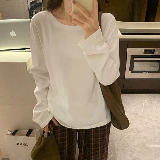 Long-Sleeve Boatneck Plain T-Shirt SpreePicky