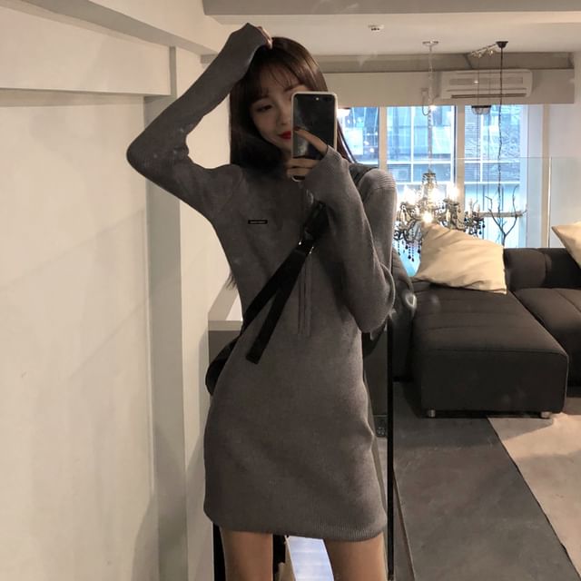 Long-Sleeve Crewneck Plain Mini Bodycon Dress SpreePicky