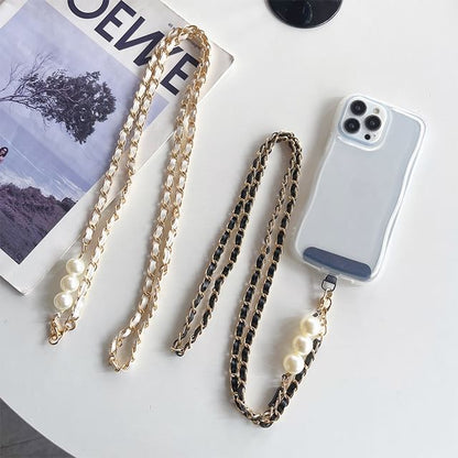 Faux Pearl Faux Leather Alloy Phone Lanyard SpreePicky