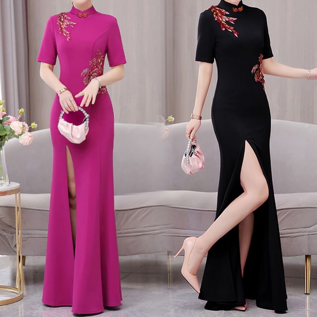 Short-Sleeve Band Collar Flower Slit Qipao SpreePicky