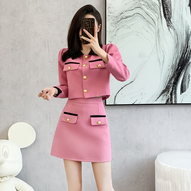 Set: Collared Two Tone Button Jacket + Mid Rise Mini A-Line Skirt SpreePicky