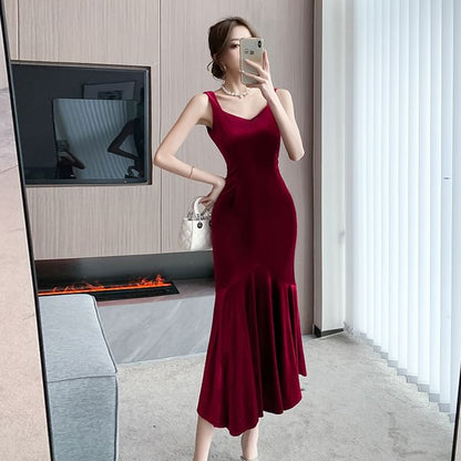 Spaghetti Strap V-Neck Plain Midi Sheath Dress SpreePicky