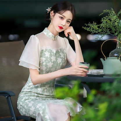 Short-Sleeve Floral Panel Midi Mermaid Qipao SpreePicky