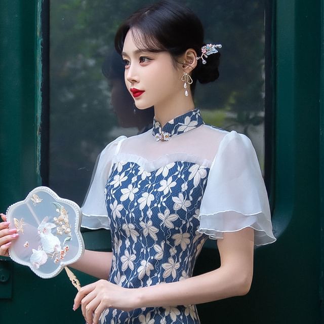 Short-Sleeve Floral Panel Midi Mermaid Qipao SpreePicky