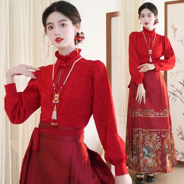 Mock Neck Plain Blouse / Mid Rise Hanfu Patterned Maxi A-Line Skirt / Necklace SpreePicky