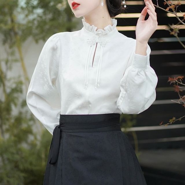 Mock Neck Plain Blouse / Mid Rise Hanfu Patterned Maxi A-Line Skirt / Necklace SpreePicky