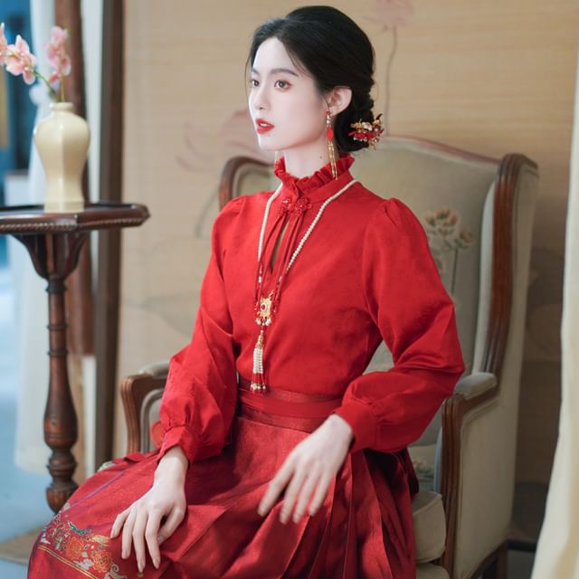 Mock Neck Plain Blouse / Mid Rise Hanfu Patterned Maxi A-Line Skirt / Necklace SpreePicky