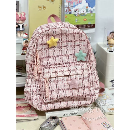 Plaid Multi-Pocket Backpack / Bag Charm / Set SpreePicky