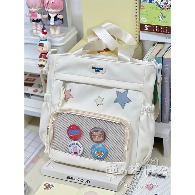 Star Applique Mesh Panel Multi-Pocket Tote Bag / Coin Purse / Bag Charm / Set SpreePicky