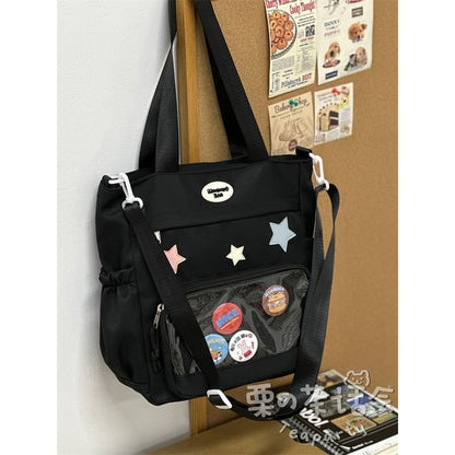 Star Applique Mesh Panel Multi-Pocket Tote Bag / Coin Purse / Bag Charm / Set SpreePicky