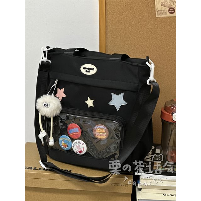 Star Applique Mesh Panel Multi-Pocket Tote Bag / Coin Purse / Bag Charm / Set SpreePicky