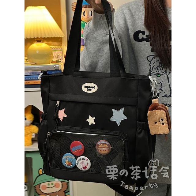 Star Applique Mesh Panel Multi-Pocket Tote Bag / Coin Purse / Bag Charm / Set SpreePicky