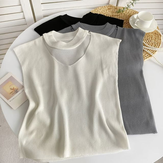 Sleeveless Mock Neck Plain Cutout Ribbed Knit Top mySite