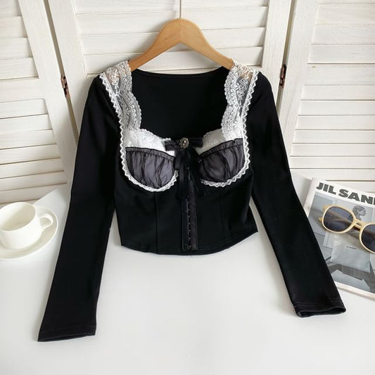 Long-Sleeve Square Neck Embroidered Bow Panel Mesh Top mySite