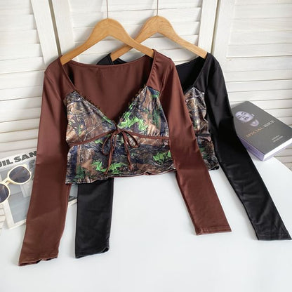 Long-Sleeve V-Neck Patterned Print Tie Front Panel Top mySite