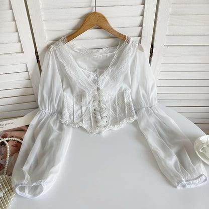 Cinched Sleeve Square Neck Plain Lace Up Panel Lace Blouse mySite