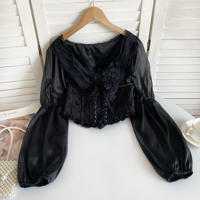 Cinched Sleeve Square Neck Plain Lace Up Panel Lace Blouse mySite