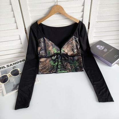 Long-Sleeve V-Neck Patterned Print Tie Front Panel Top mySite