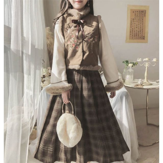 Set: Collared Fluffy Embroidered Mock Two Piece Button Jacket + Mid Rise Plaid Midi A-Line Skirt mySite