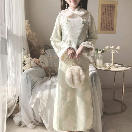 Long-Sleeve Collared Floral Midi Qipao / Embroidered Vest / Set mySite