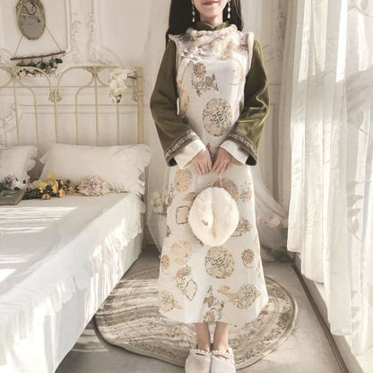 Set: Long-Sleeve Band Collar Embroidered Midi Qipao + Sleeveless Embroidered Midi Dress mySite