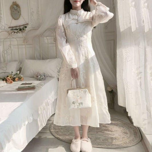 Long-Sleeve Band Collared Embroidered Midi A-Line Dress mySite