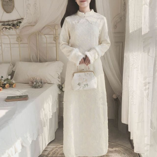 Long-Sleeve Band Collar Plain Lace Midi Qipao mySite