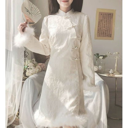 Long-Sleeve Band Collar Floral Fluffy Trim Qipao mySite