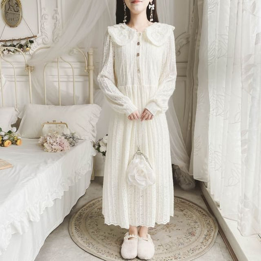 Long-Sleeve Collar Plain Lace Midi A-Line Dress mySite