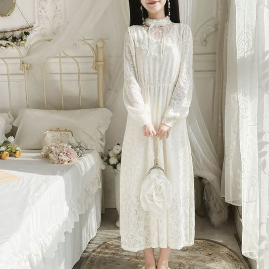 Long-Sleeve Mock Neck Plain Lace Panel Midi A-Line Dress mySite